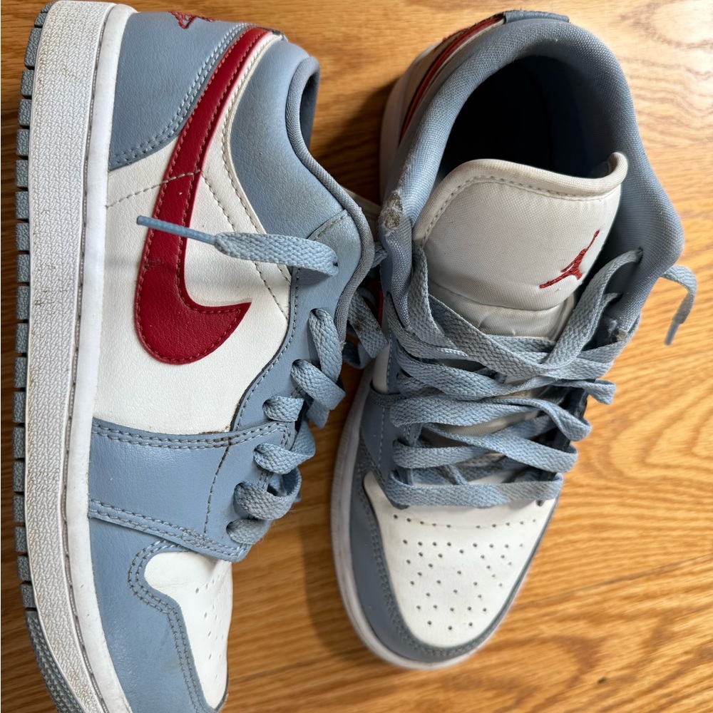 Unisex- Nike Jordan lows  white, Red,  Light Blue Accents
